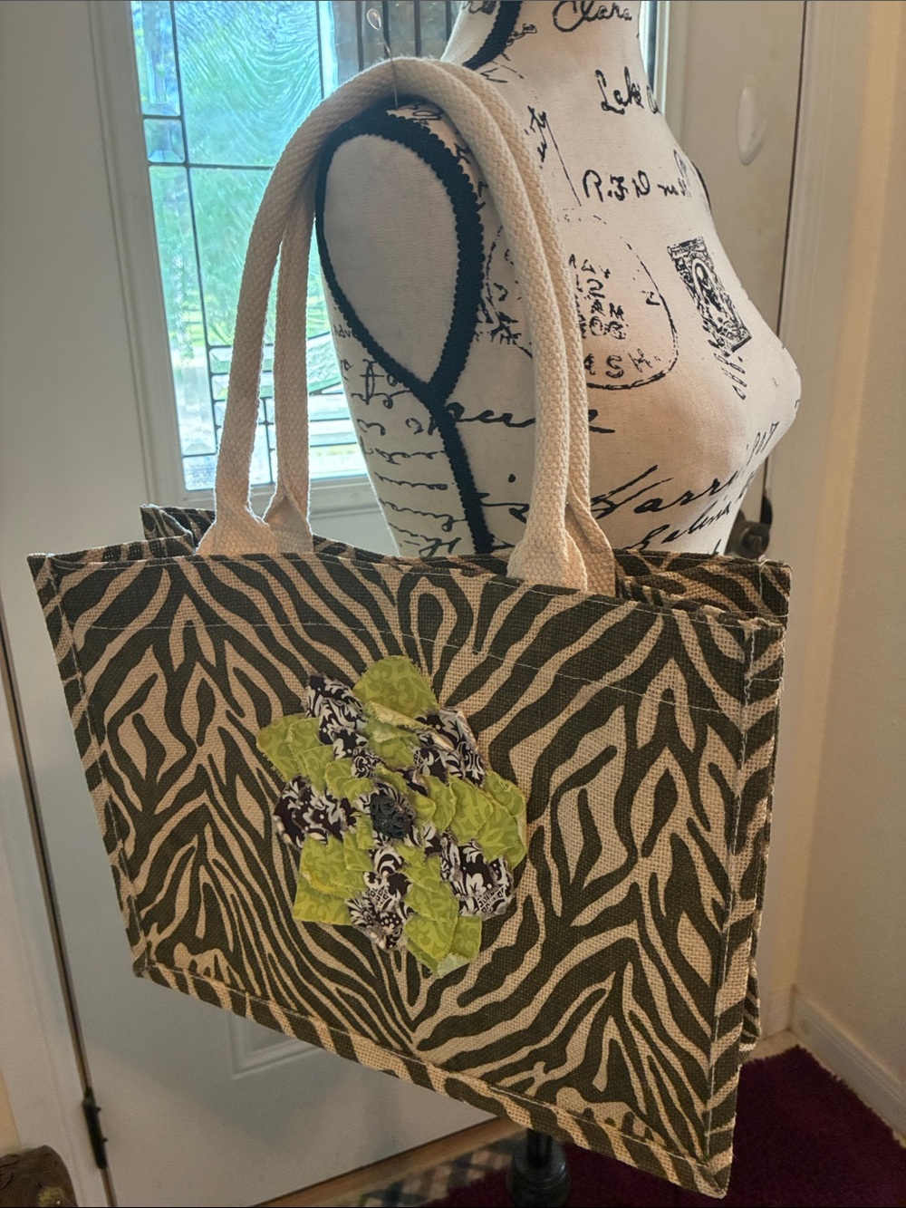 Zebra-Print Canvas Tote with Green Appliqué-New Without Tags
